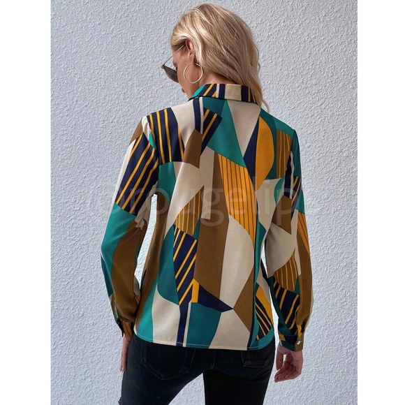 Geometric Colorblock Print Button Down Collared Long Sleeve Dress Shirt Top - Picture 5 of 7
